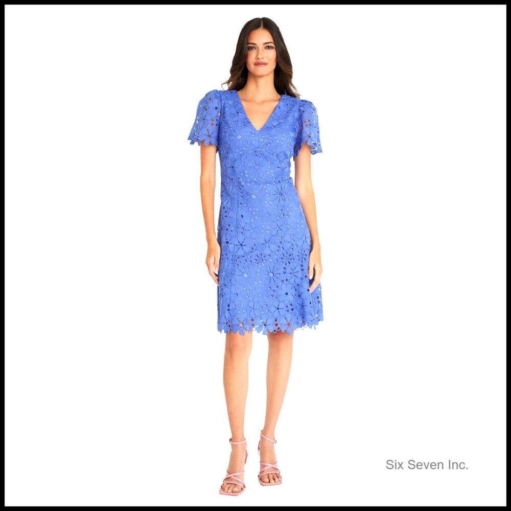 V-Neck Short Sleeve Floral Knee Length Dress for Wedding Guest